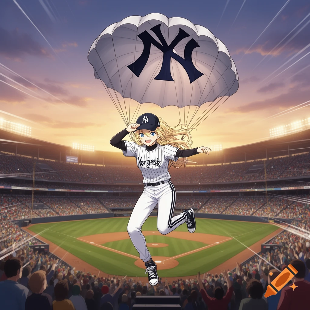 Anime blonde girl in a New York Yankees uniform parachuting into a baseball stadium at sunset.