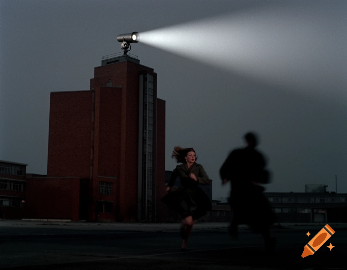 A woman runs across a dark tarmac, pursued by a shadowy figure, as a searchlight beams from atop a red brick building.