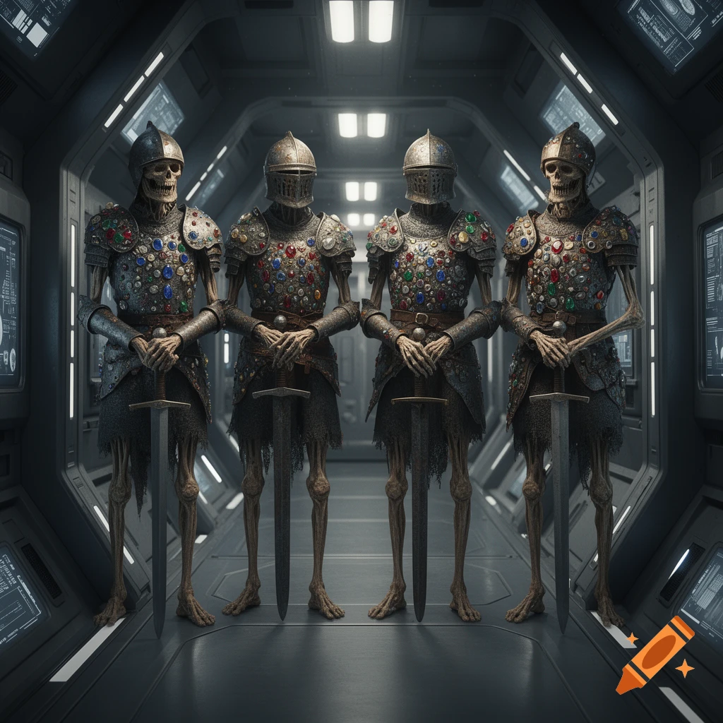 Four skeletal knights in jeweled, mismatched armor stand with swords in a futuristic spaceship corridor.