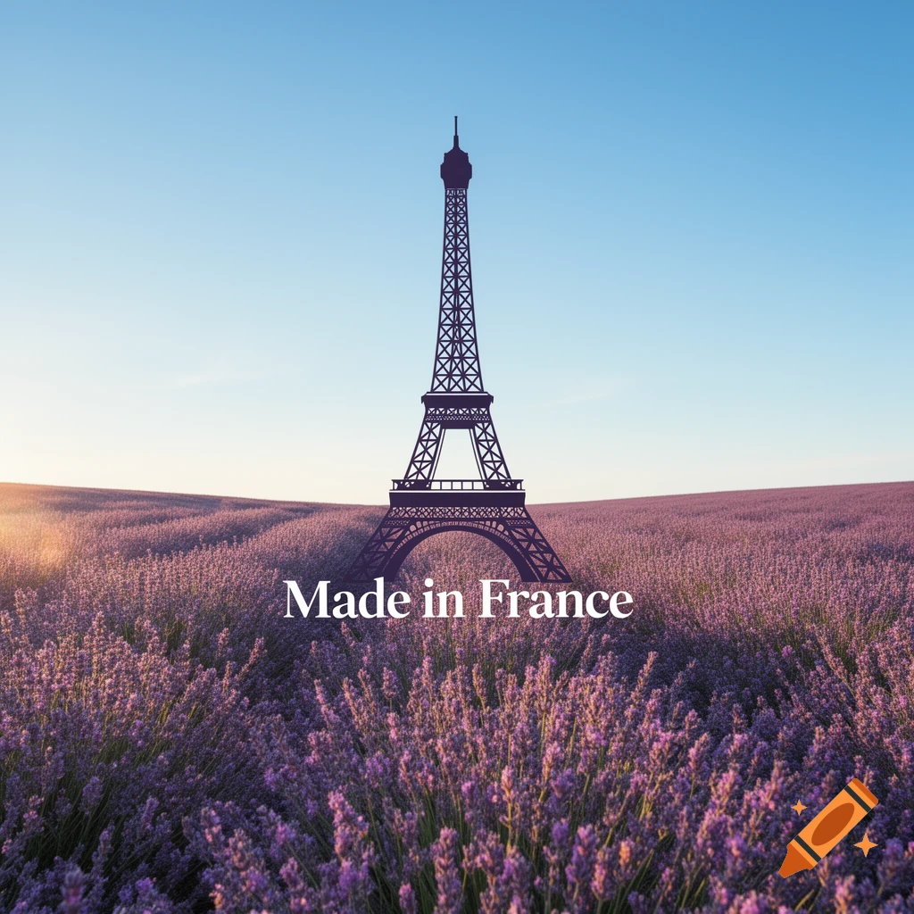 Silhouette of the Eiffel Tower rising from a purple lavender field under a clear blue sky, with "Made in France" text.