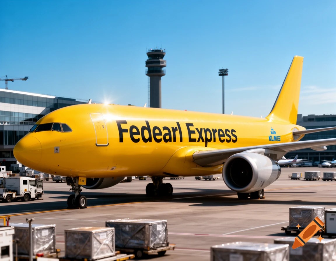 Yellow Fedearl Express cargo plane with KLM branding parked on an airport tarmac with baggage carts and an air traffic control tower.