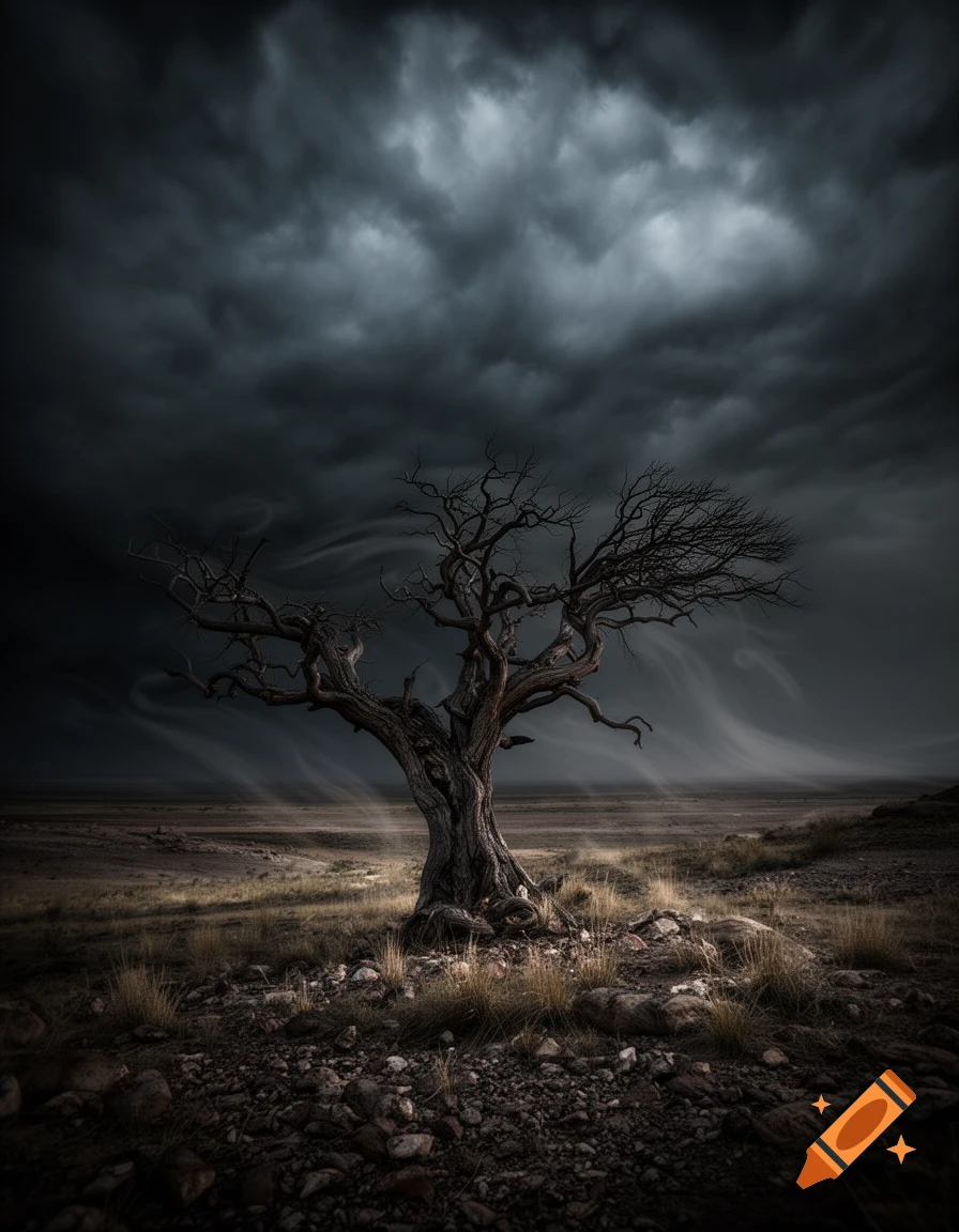A gnarled, leafless tree stands in a desolate, rocky field under a dark, stormy sky, evoking a gloomy, dramatic atmosphere.