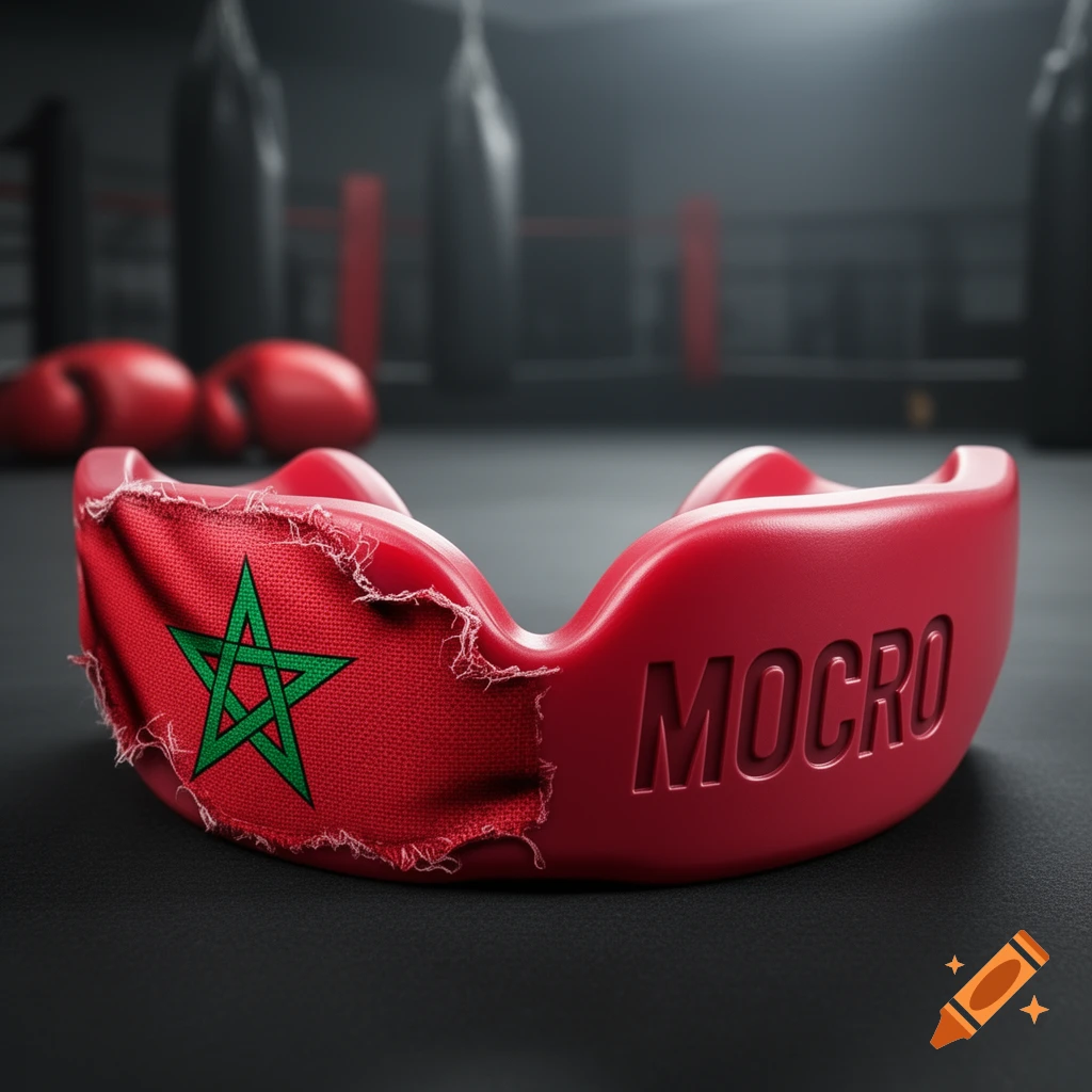 A red mouthguard featuring a tattered Moroccan flag and the word "MOCRO" embossed on it, set in a boxing gym.