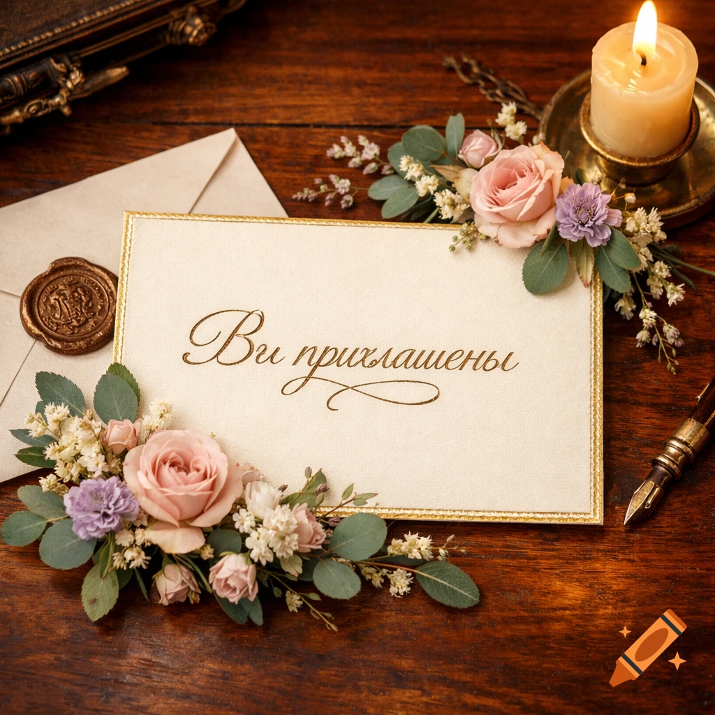 A vintage-style invitation card with "Ви приглашены" text, adorned with pink and purple flowers, an envelope with a wax seal, a lit candle, and a quill on a wooden table.