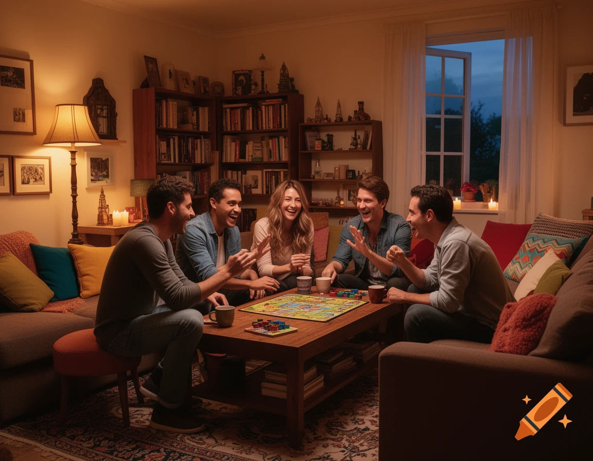 Five friends laugh while playing a board game on a coffee table in a warm, dimly lit living room at night.