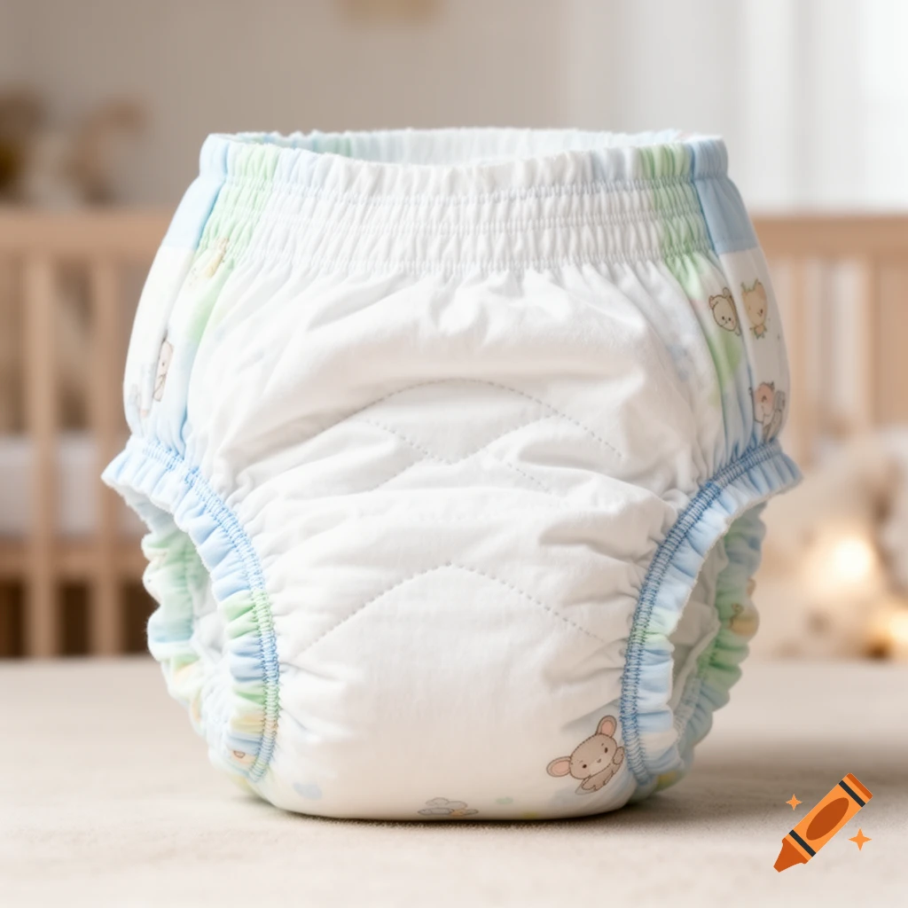 A clean, white baby diaper with blue and green trim and cartoon animal patterns, standing on a light surface.
