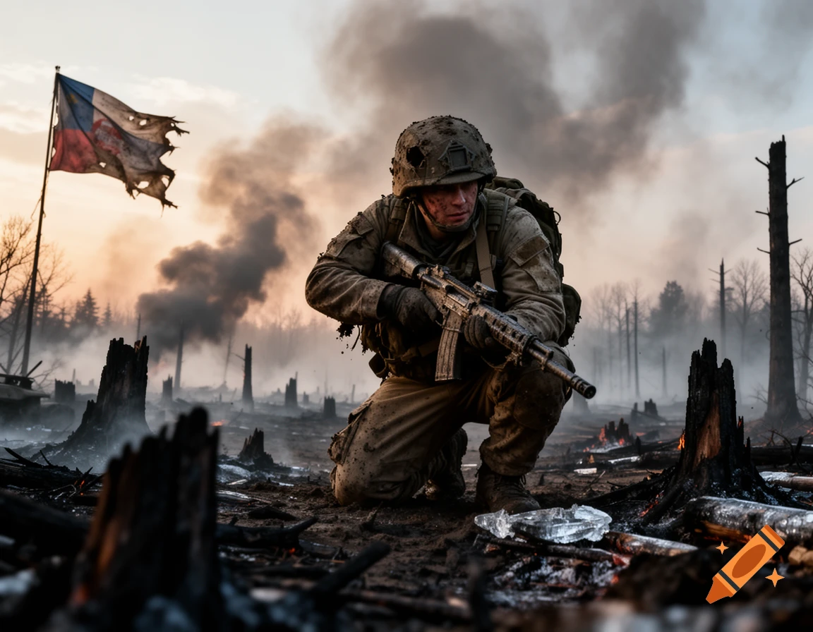 A soldier kneels with a rifle in a desolate, smoke-filled war zone under a tattered flag.