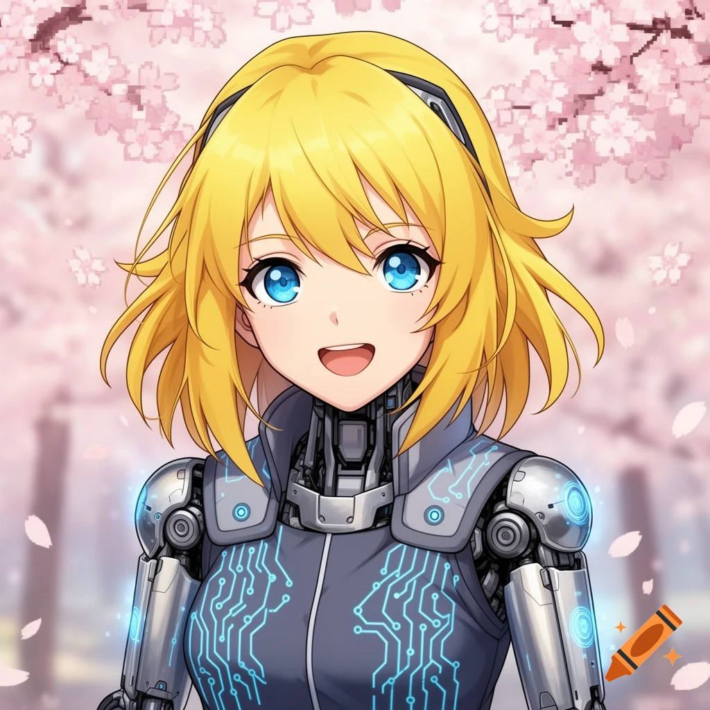 Smiling anime robot girl with yellow hair and blue eyes, wearing a tech outfit with glowing circuits, in front of cherry blossoms.