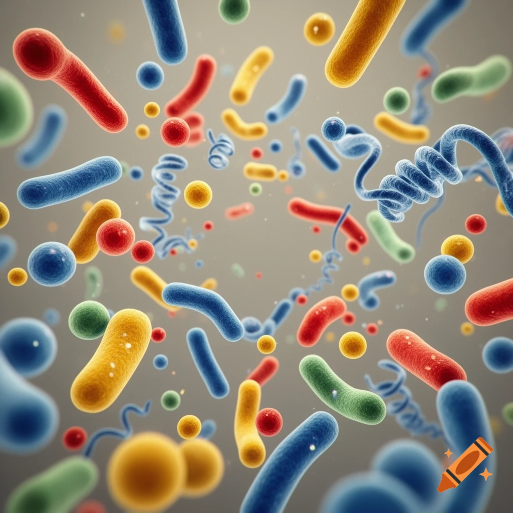 Close-up of colorful microscopic organisms resembling bacteria, including rods, spheres, and spirals, floating in a soft background.