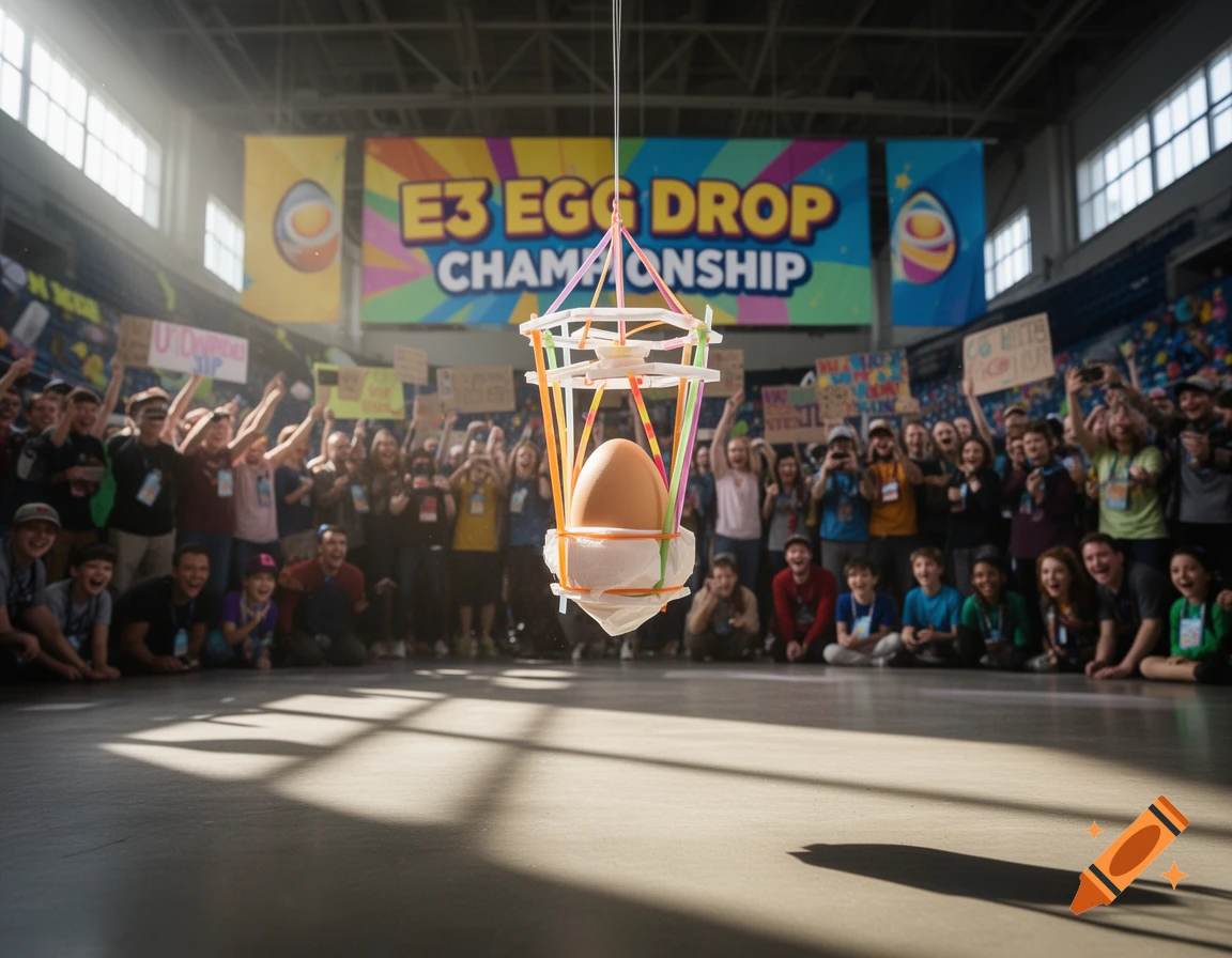 A close-up of a brown egg in a delicate white and colorful contraption, suspended, with a cheering crowd and a large "E3 EGG DROP CHAMPIONSHIP" banner in the blurred background.