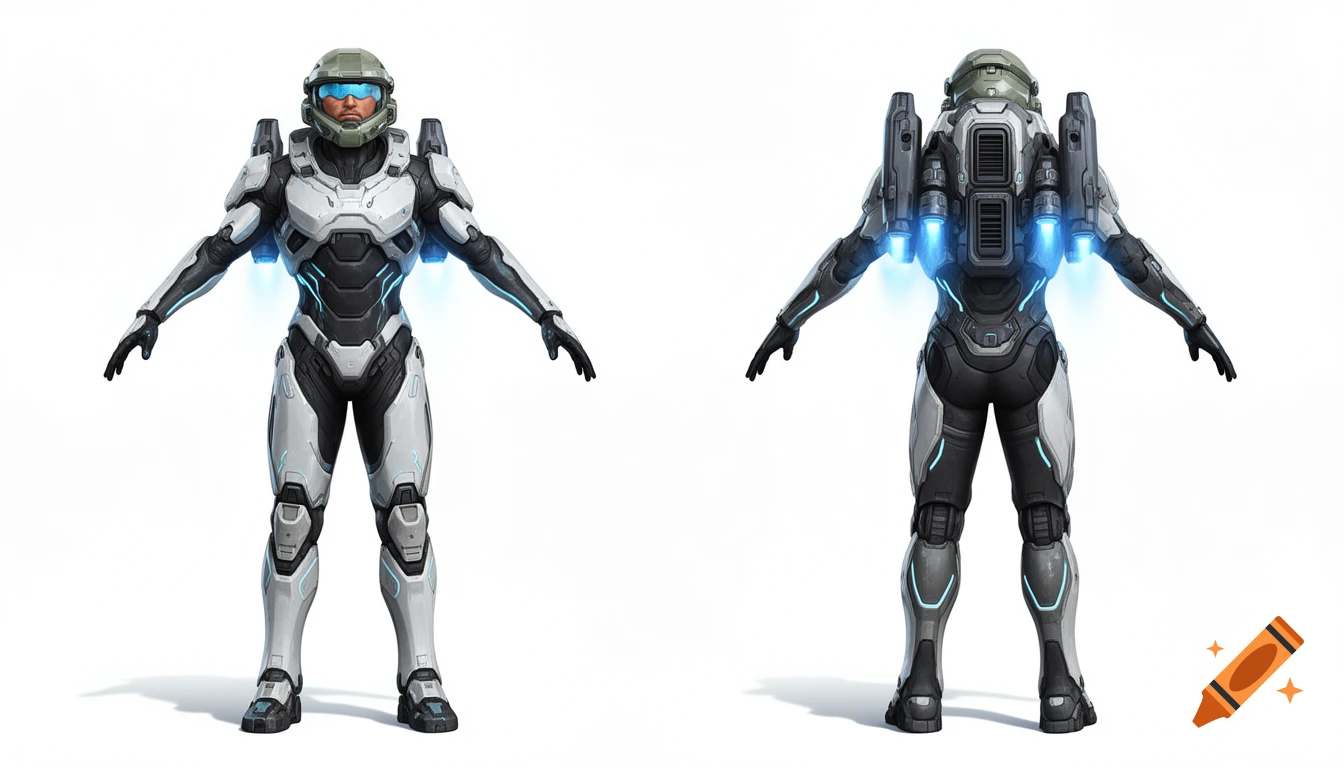 Front and back views of a white, black, and gray futuristic exosuit with blue glowing accents and jetpacks, in a T-pose, concept art.
