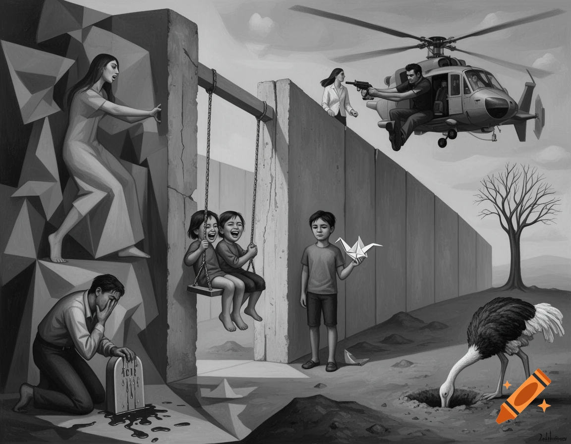 Monochromatic painting inspired by Guernica, depicting a wall with children on a swing, a boy with an origami crane, a man crying at a tomb, a helicopter with a man aiming a gun at a woman, and an ostrich burying its head in the sand.