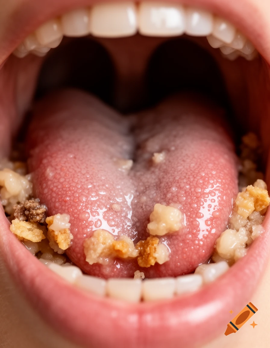 Photorealistic close-up of an open human mouth with food on the tongue, suggesting food being pushed down the throat.