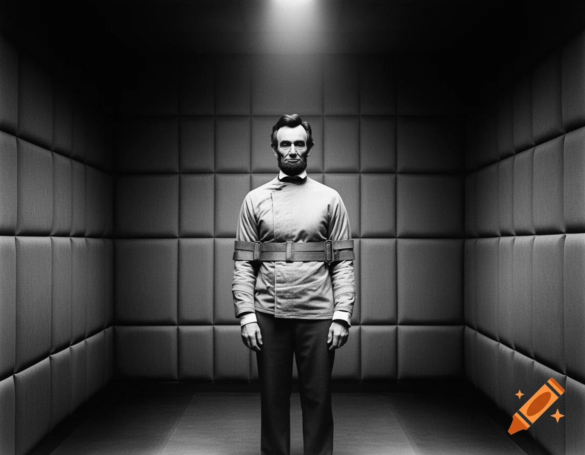 Black and white photo of Abraham Lincoln wearing a straightjacket in a padded room.
