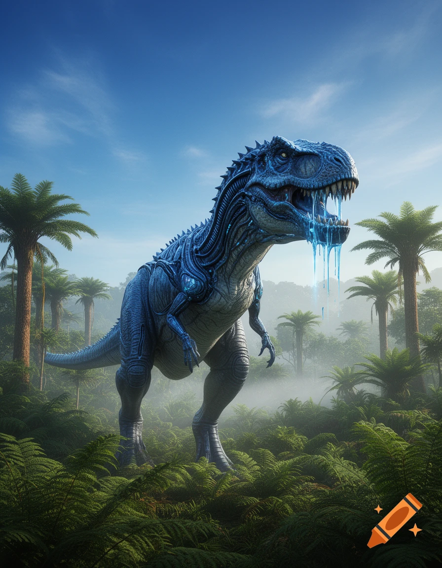 A blue, xenomorph-style Tyrannosaurus rex with glowing drool stands in a lush, misty jungle under a clear sky.