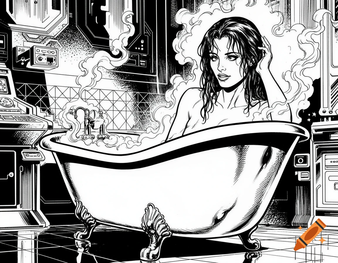 Black and white comic art of a woman in a bathtub surrounded by sci-fi machinery and steam.