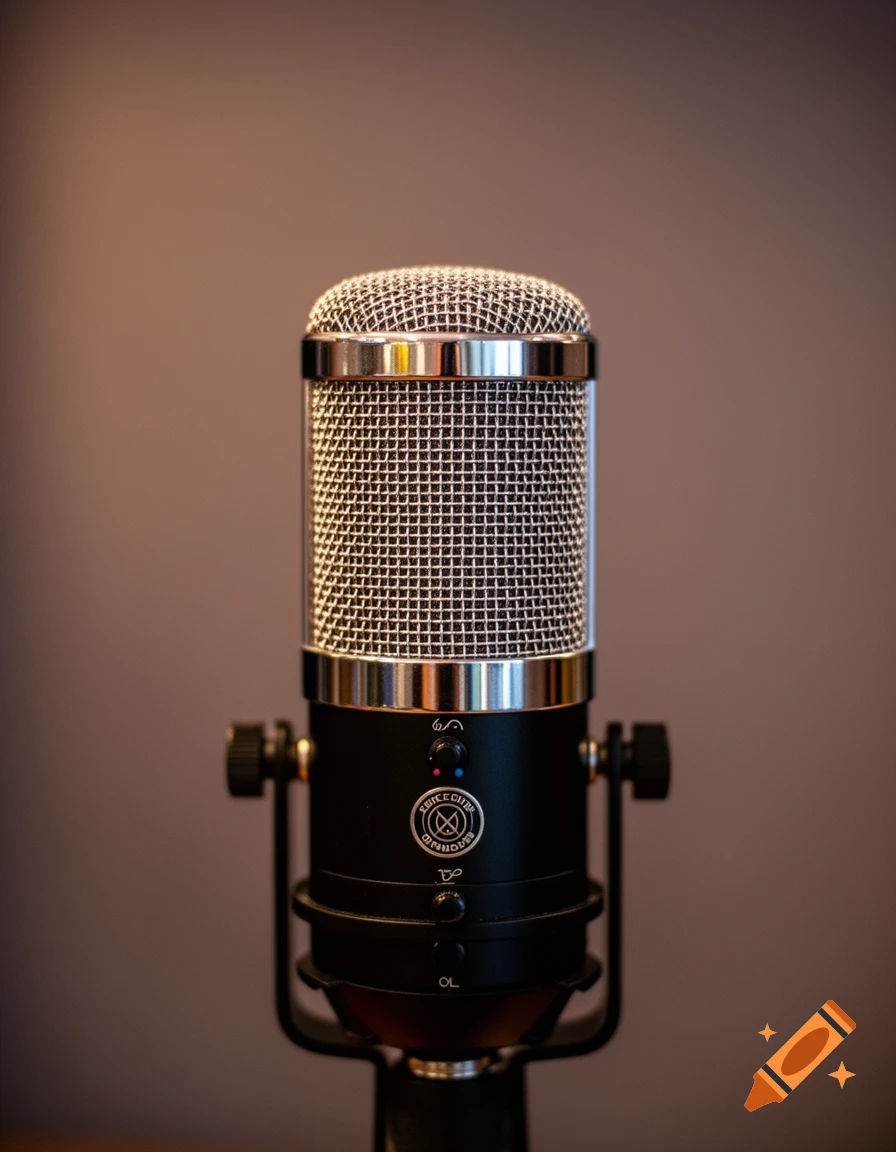 A close-up, photorealistic shot of a professional black and silver studio microphone on a stand.
