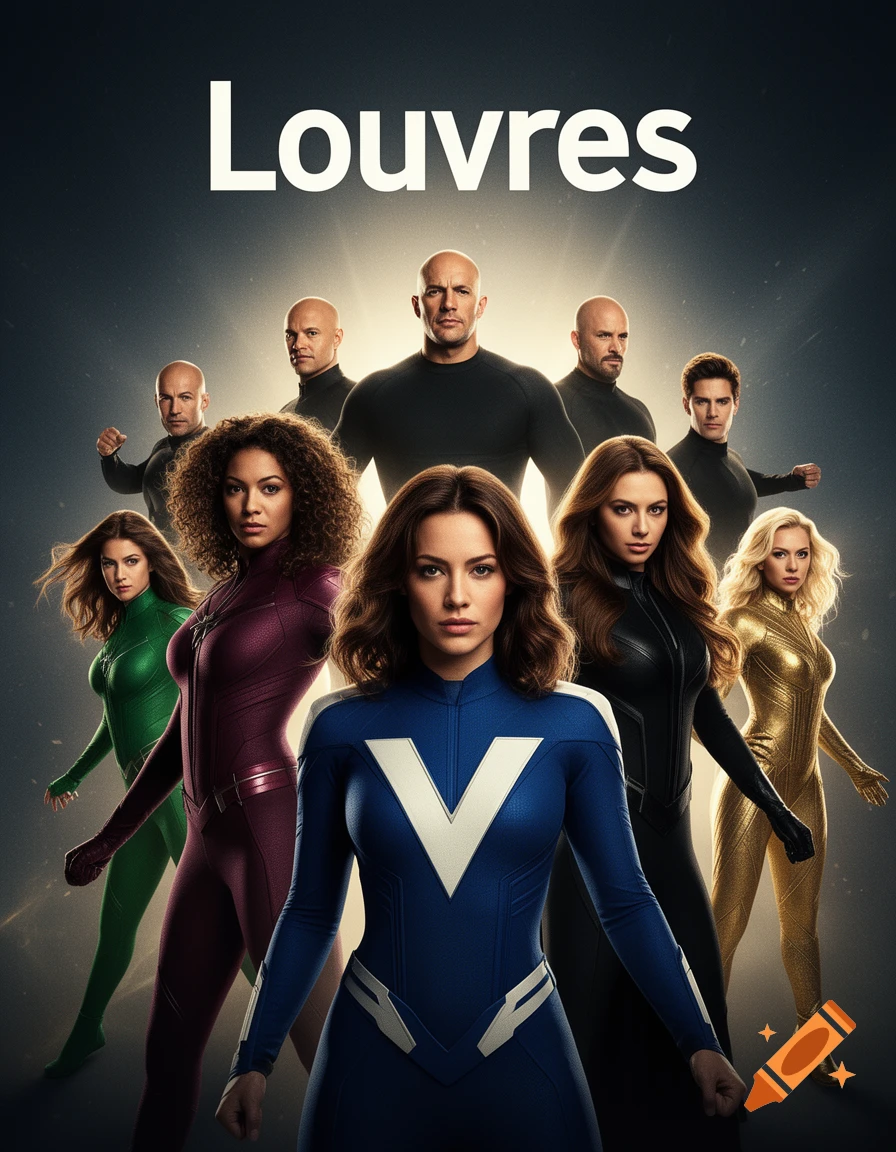 A group of diverse superheroes, including women in colorful suits and several bald men, stand heroically against a dramatic background with the text 'Louvres' at the top.