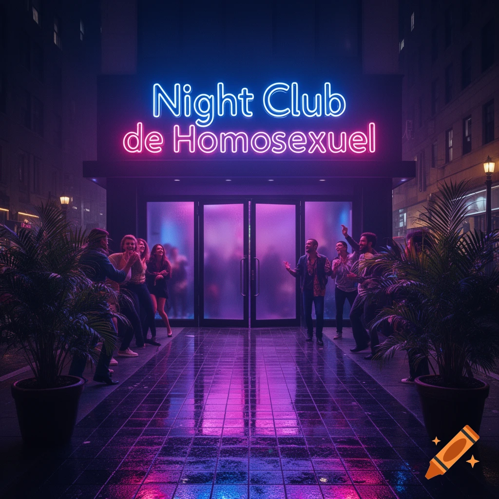 Night club with a glowing 'Night Club de Homosexuel' neon sign, people socializing outside on a wet, reflective city street.