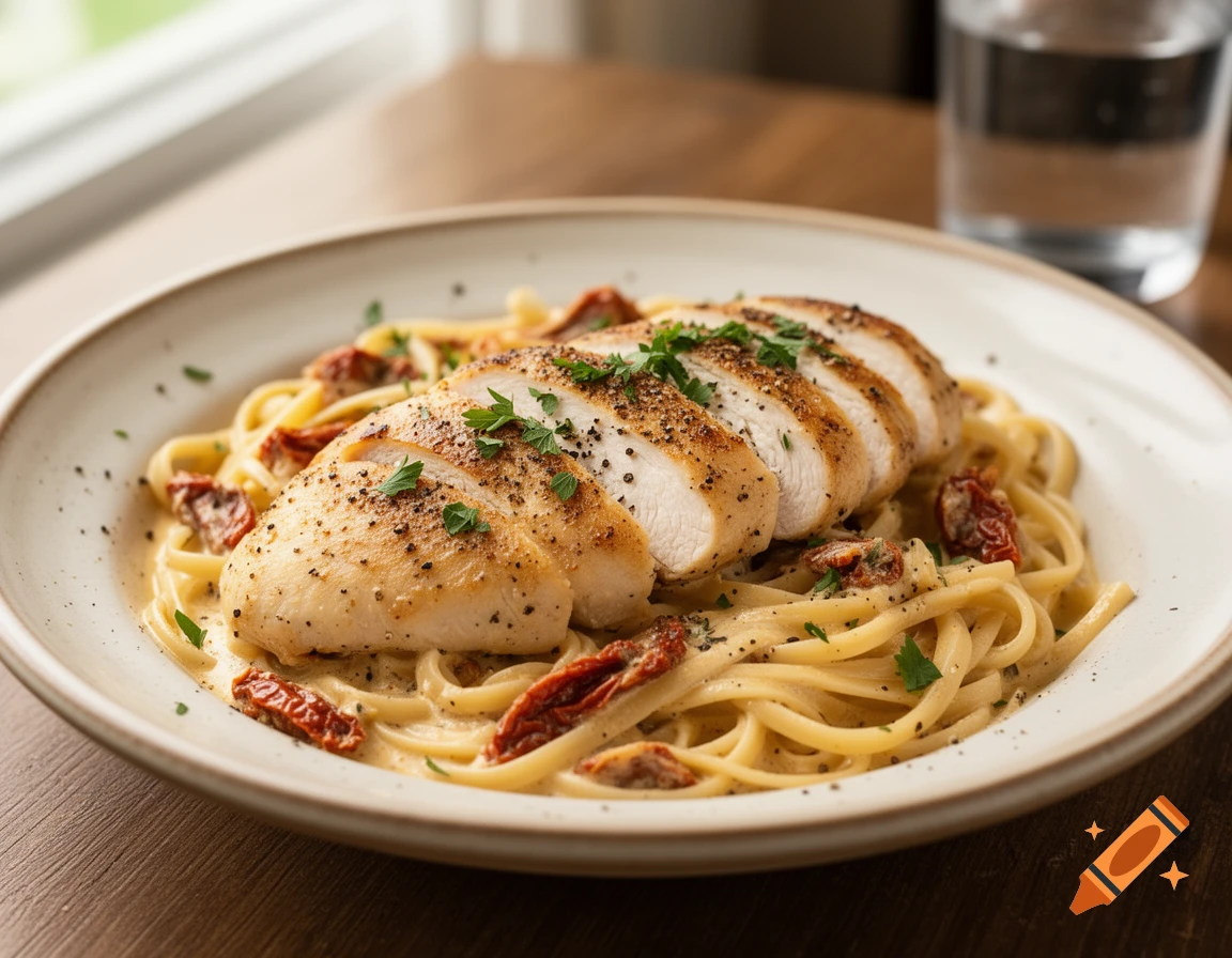 Close-up of photorealistic creamy chicken pasta with sliced chicken breast, sundried tomatoes, and parsley on a white plate.