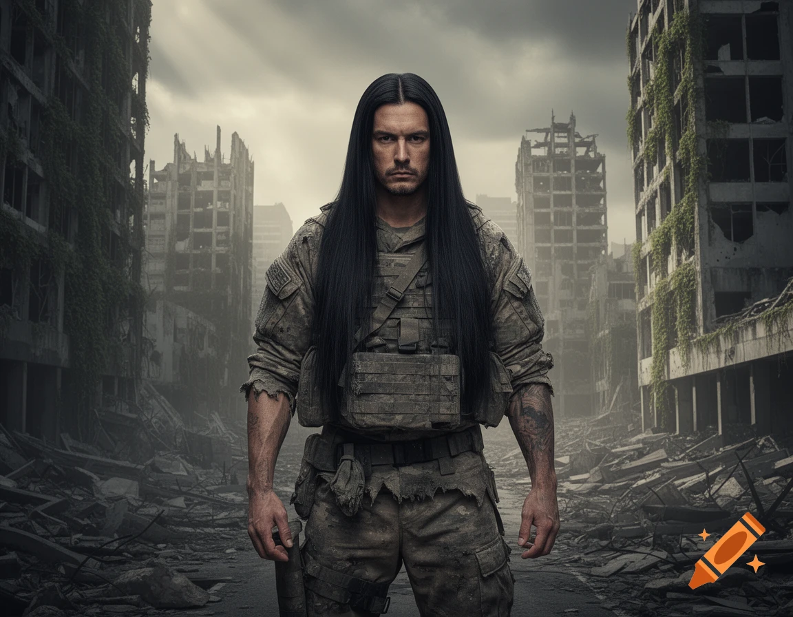 Photorealistic portrait of a stern man with long black hair in military ...