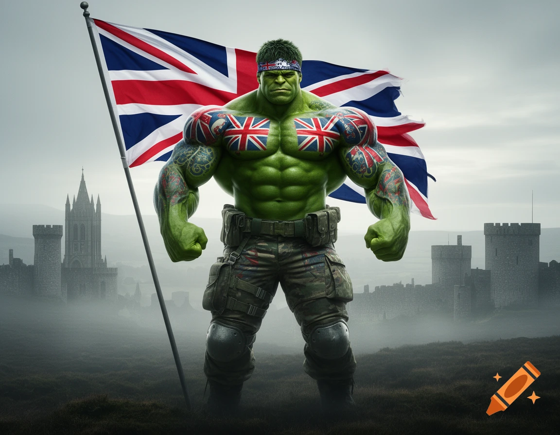 A muscular, green Hulk-like figure with British flag tattoos and a headband, holding a large British flag. Medieval castles are in the misty background.