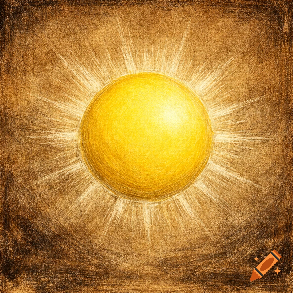 A glowing yellow sun on a textured sepia background, stylized like an ancient manuscript illustration.