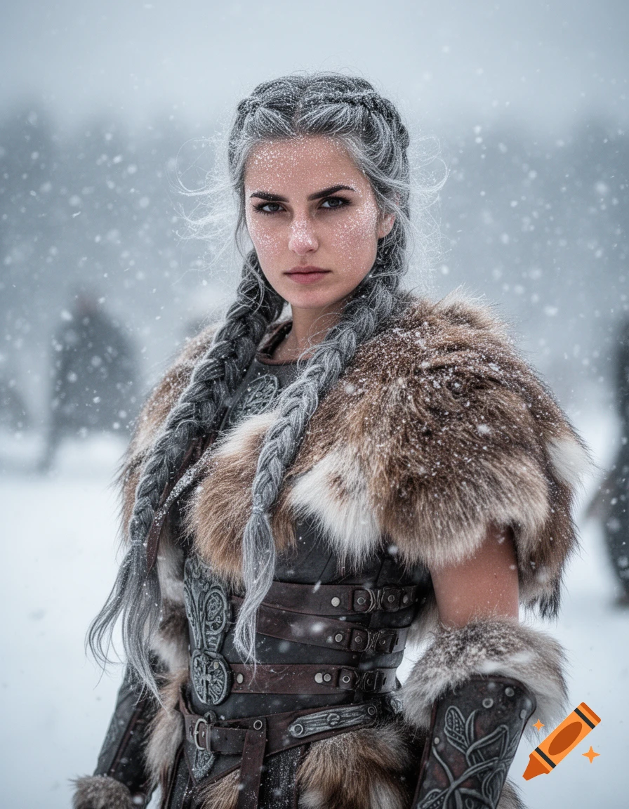 Photorealistic portrait of a female warrior with grey braids, fur and ...