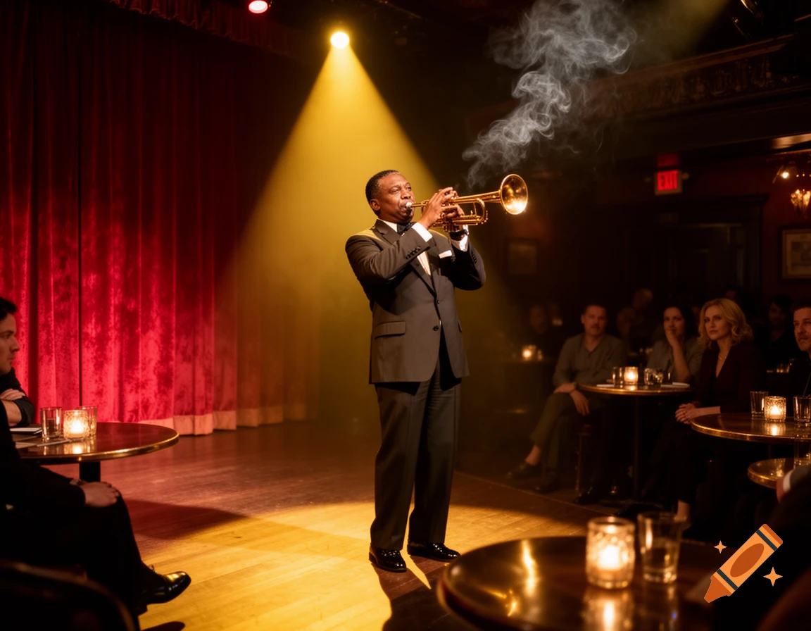 A man in a suit plays a trumpet on a spotlighted stage in a dimly lit jazz club, with an audience watching.