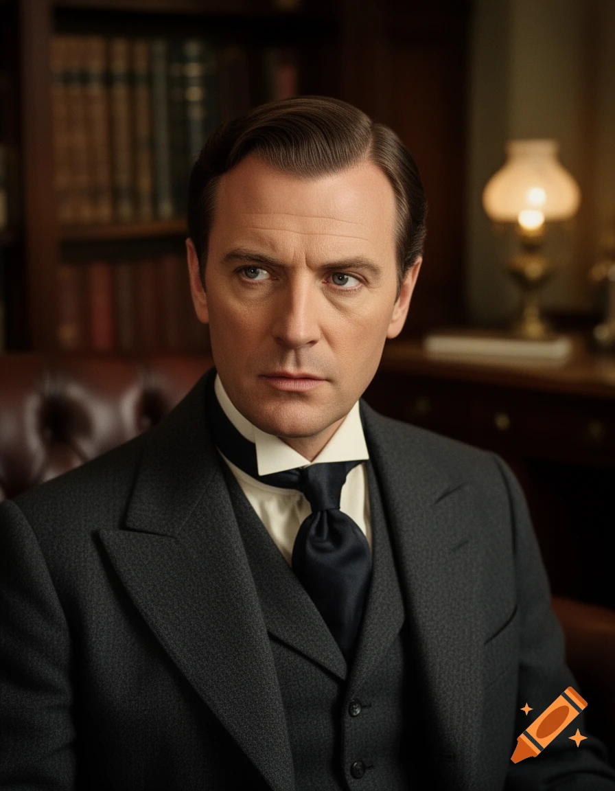 A photorealistic portrait of a serious man in a vintage suit and cravat, resembling Sherlock Holmes, in an old study.