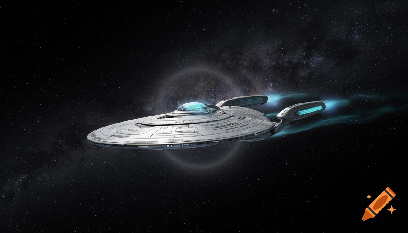A detailed futuristic spaceship, resembling a Star Trek vessel, flies through a dark starfield with a subtle nebula.