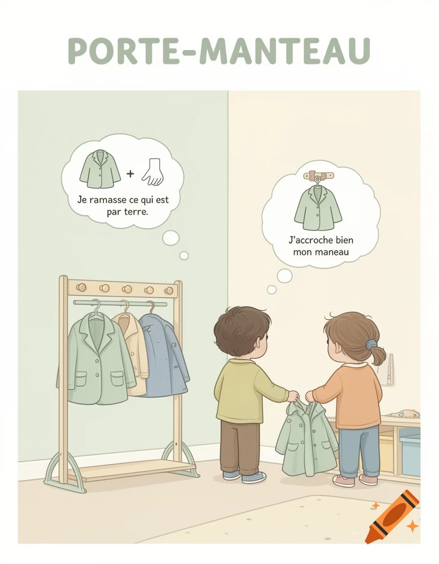An educational illustration in pastel colors shows two children in a tidy room, picking up a coat from the floor and hanging it on a wooden coat rack.