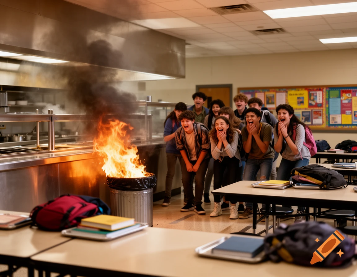 A group of teenagers reacting with shocked expressions to a trash can on fire in a school cafeteria, with smoke rising.