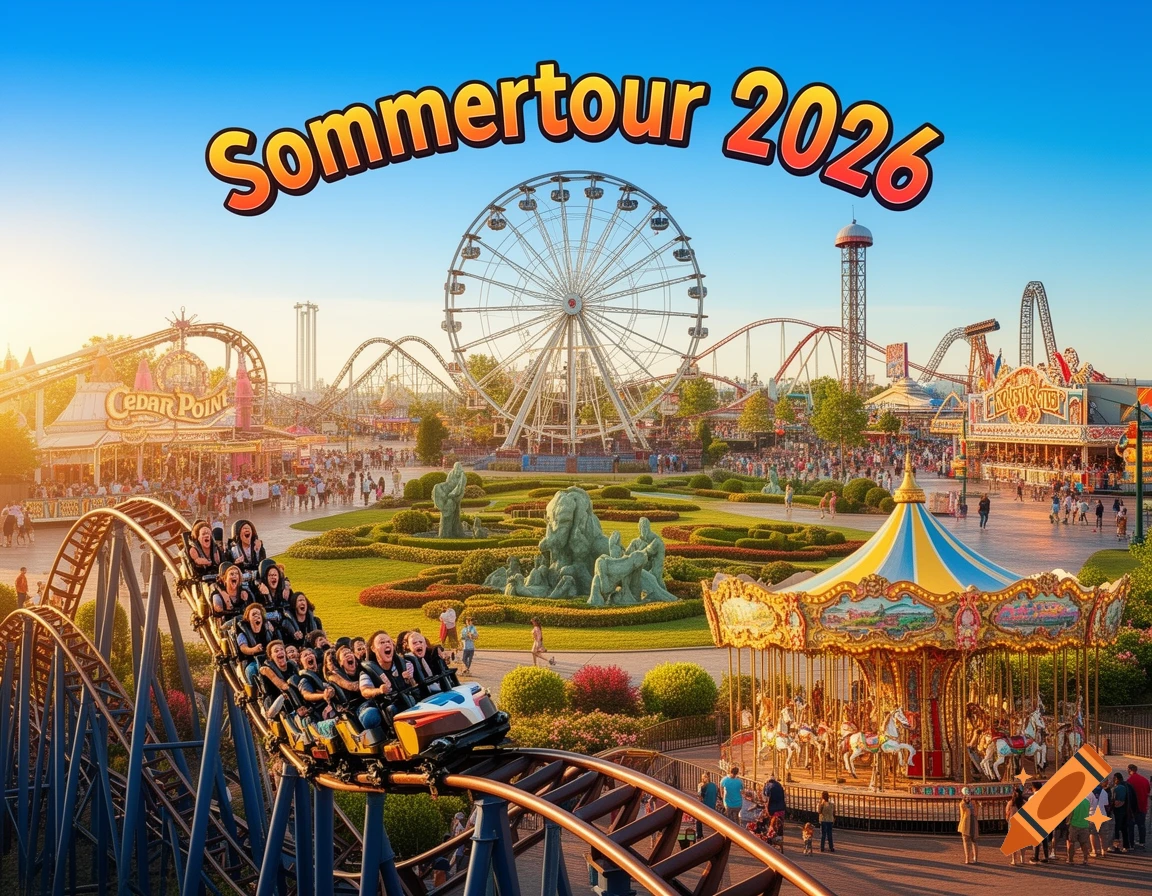 A vibrant amusement park scene with a roller coaster in the foreground, a Ferris wheel, and a carousel, under a bright sky with the text "Sommertour 2026".