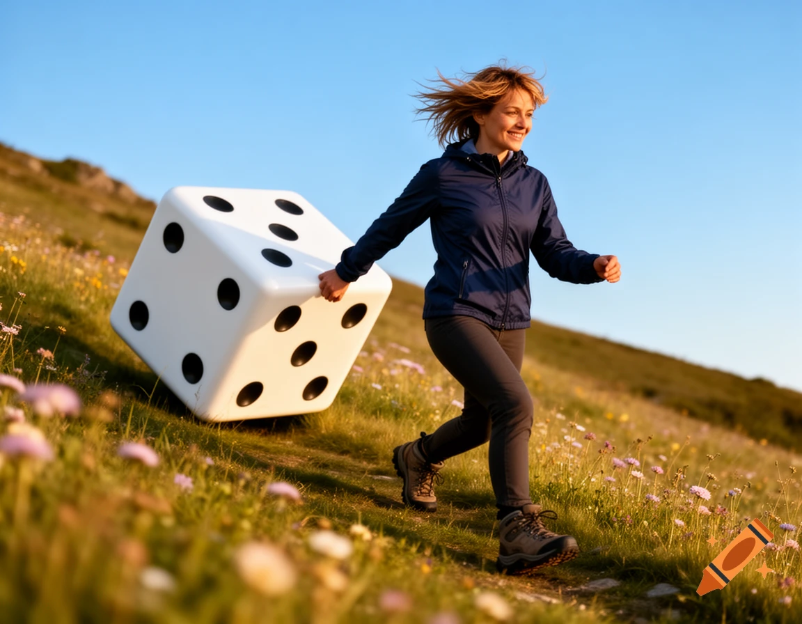 A smiling woman pulls a giant white die with black dots up a grassy hill with wildflowers under a clear blue sky.