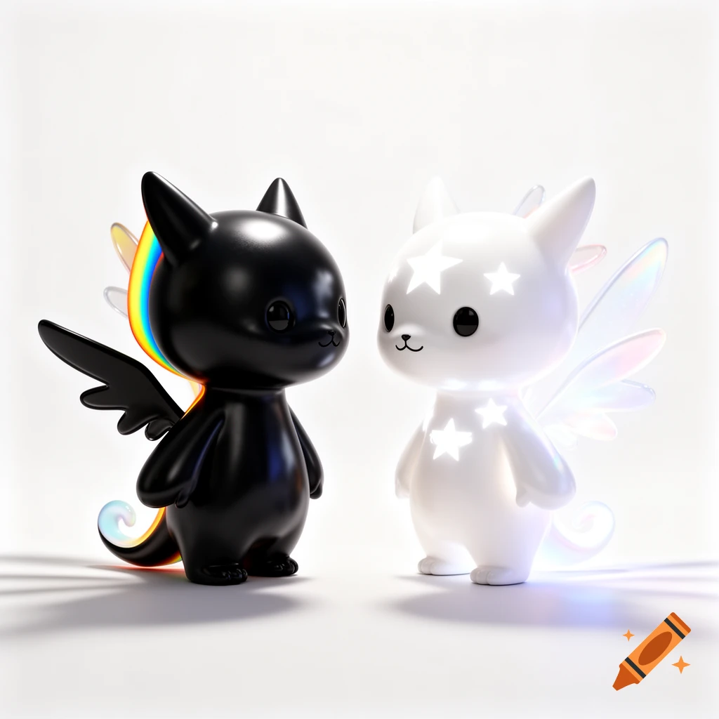 Two stylized winged creature figurines; one black with rainbow accents, one white with star patterns, facing each other on a white background.