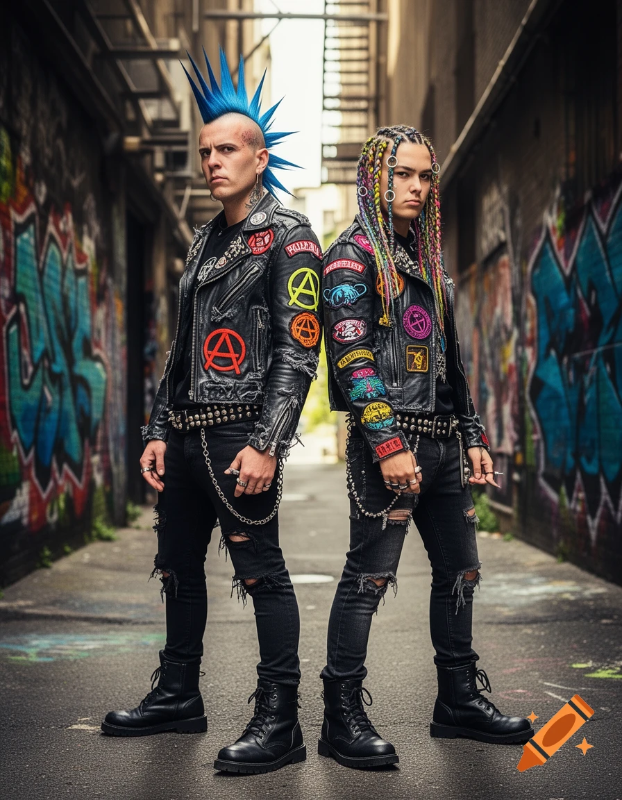 Two punk rockers with distinctive hairstyles and patched leather jackets stand in a graffiti-covered alley, looking at the viewer.