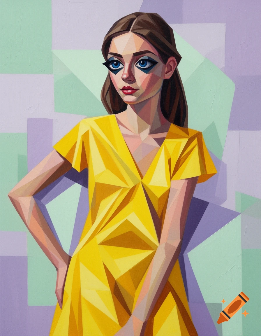 Cubist art portrait of a teenage girl in a yellow dress, with geometric features and a colorful background.