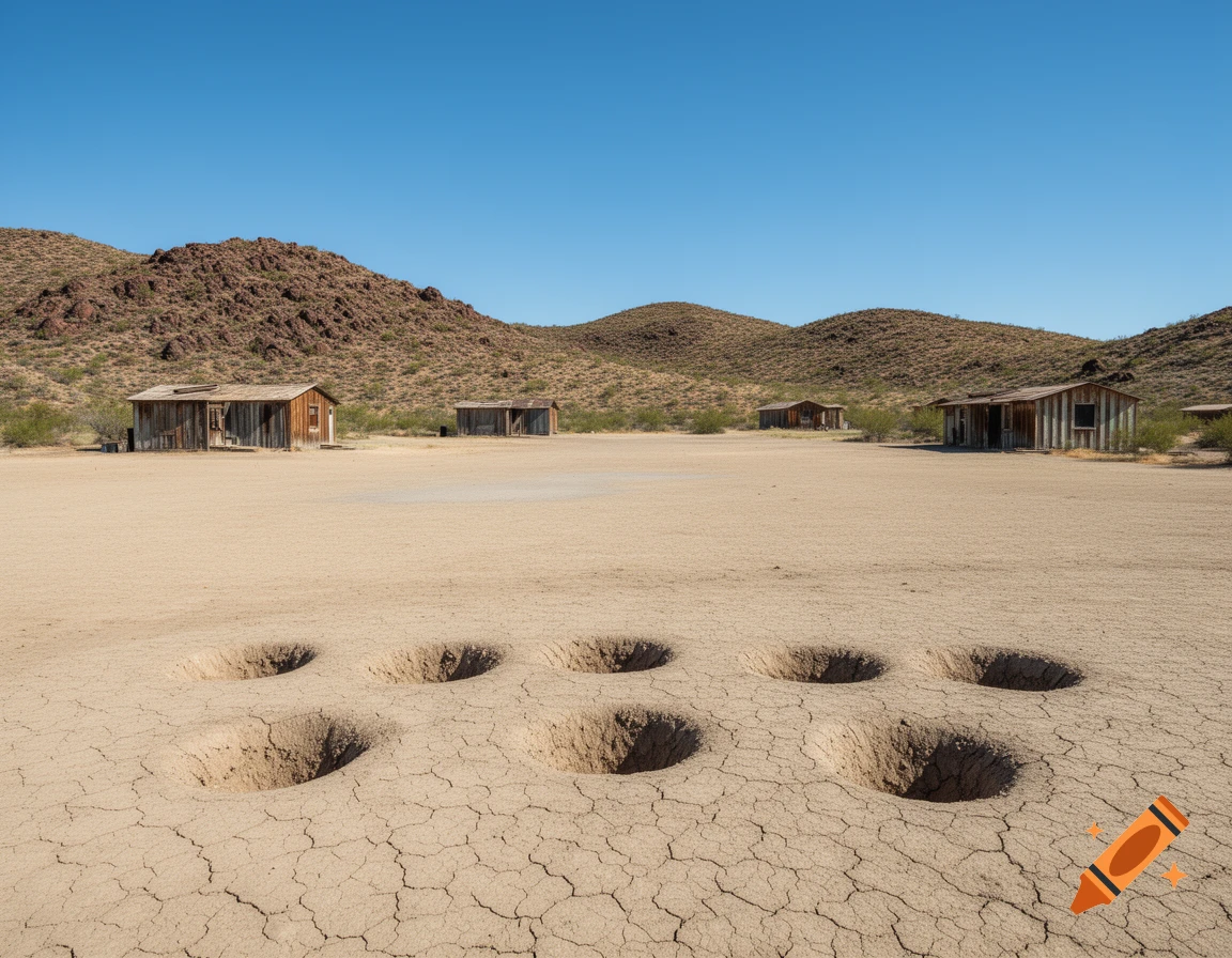 A vast desert landscape with large holes in the cracked earth, distant wooden shacks, and scrubby hills under a clear blue sky.