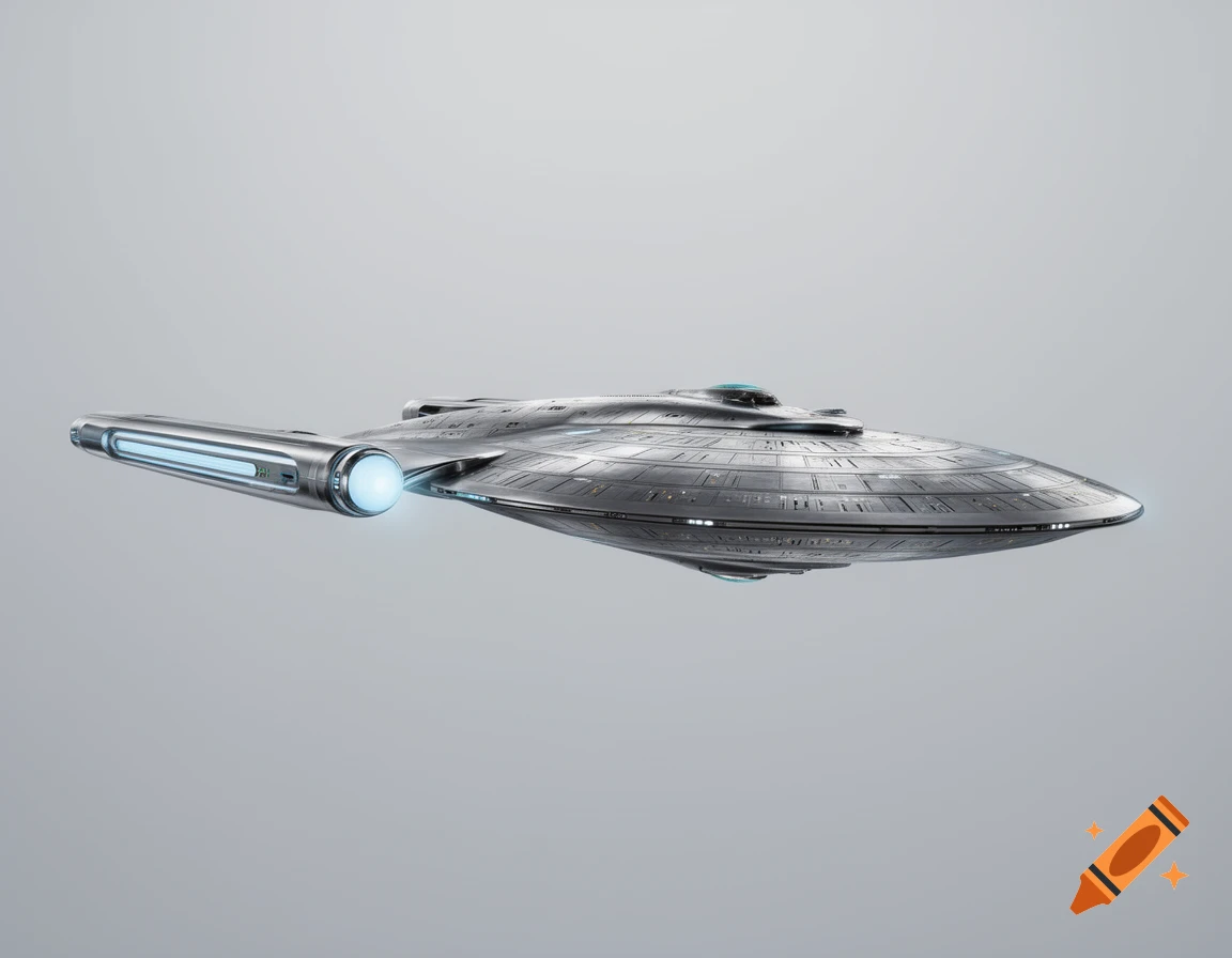 A sleek, metallic Star Trek-style spacecraft with glowing blue engines, viewed slightly from the side against a light grey background.