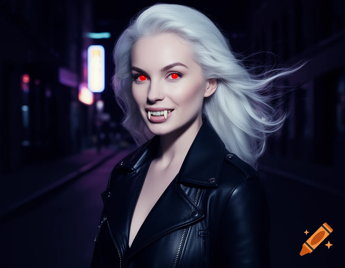 Photorealistic portrait of a smiling woman with white hair, red eyes, and fangs, wearing a leather jacket on a dark city street at night.