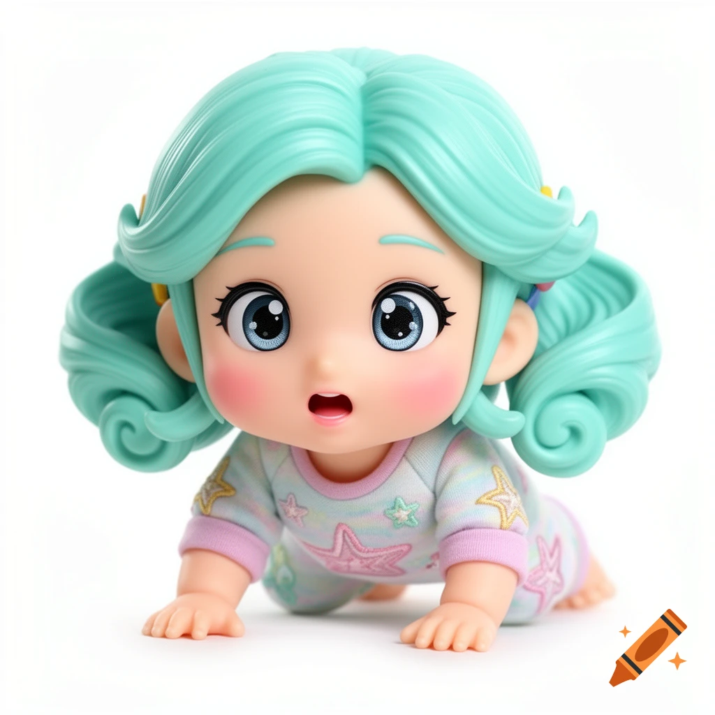 A cute chibi anime-style toddler doll with mint green hair and blue eyes, crawling, wearing a pastel onesie with stars.