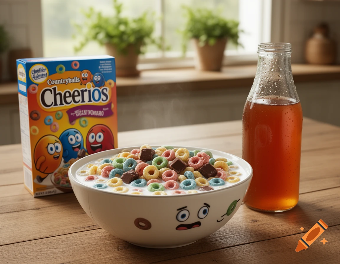 A bowl of colorful cereal with milk and chocolate pieces, next to a Cheerios box and a bottle of juice on a wooden table.