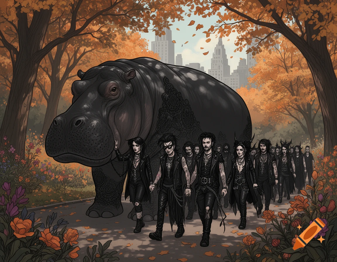 A large, dark goth hippo leads a procession of goth people through a stylized autumn park with a city skyline in the background.