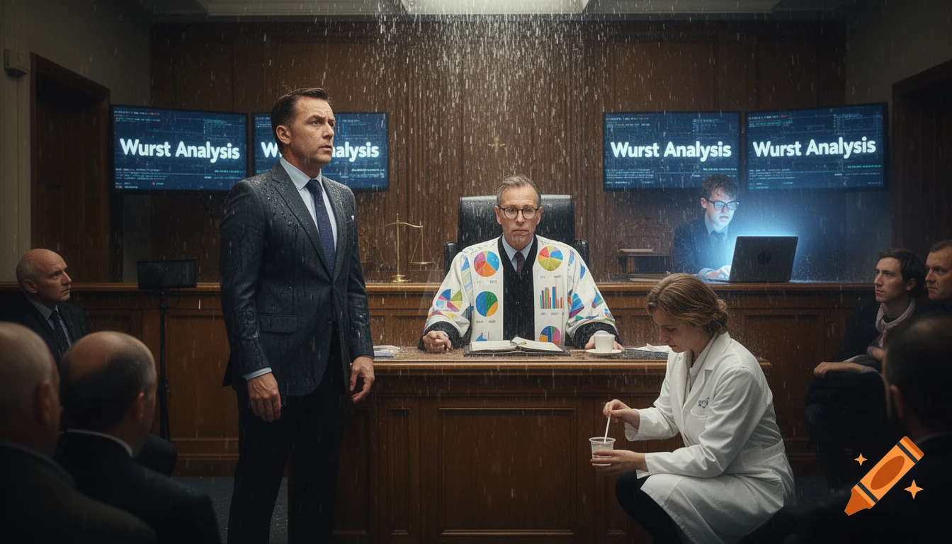 A hyper-realistic, chaotic courtroom scene. A wet CEO stands before a judge in a chart robe. Water rains down as a hacker and a scientist add to the absurdity.