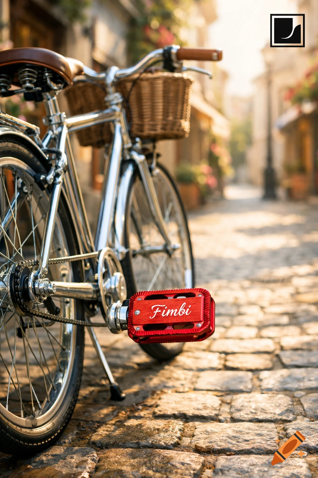 A close-up, low-angle view of a vintage bicycle with a wicker basket on a cobblestone street, with "Fimbi" written on a red pedal.