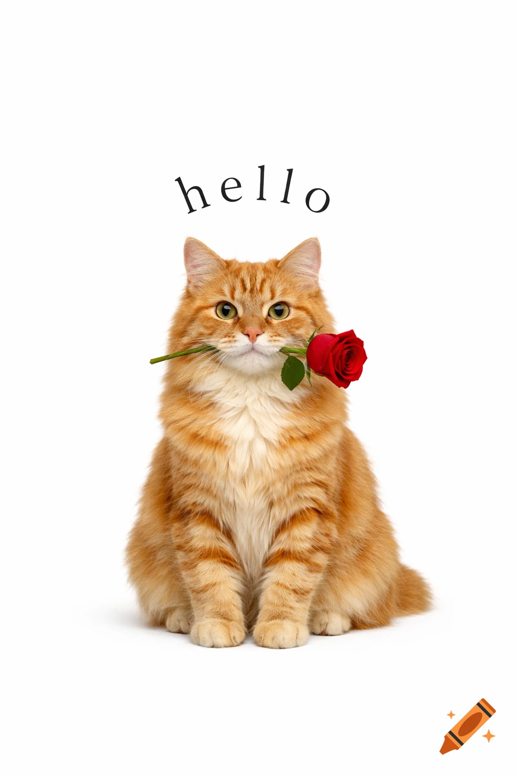 A fluffy orange cat sits holding a red rose in its mouth, with the word 'hello' floating above its head on a white background.