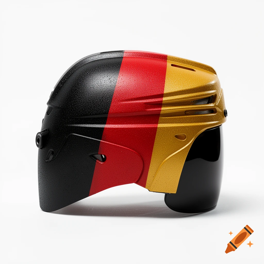 A hockey goalie helmet painted with black, red, and gold stripes resembling the German flag, viewed from the side on a white background.
