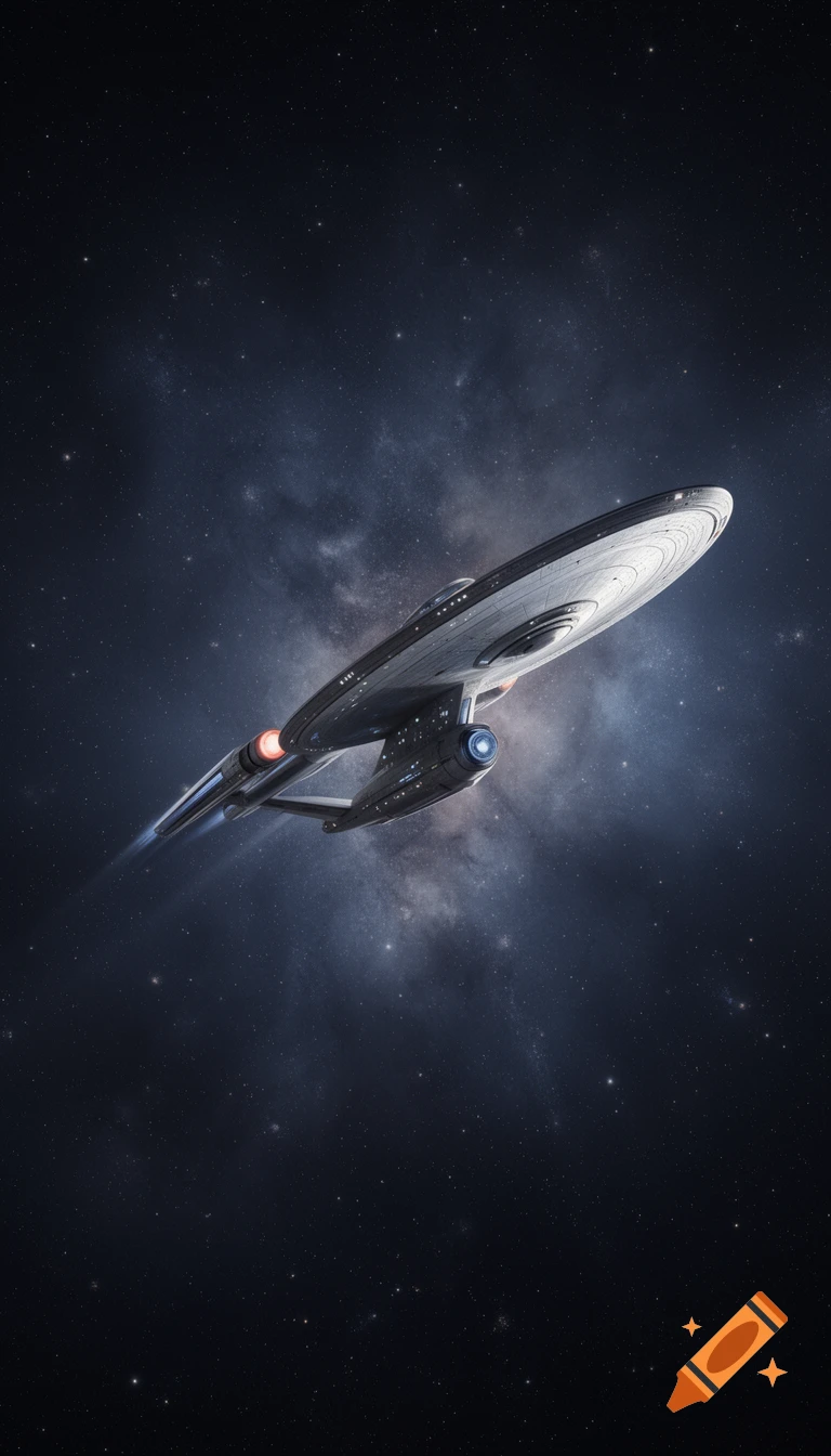 The USS Enterprise NCC-1701 D from Star Trek glides through a star-filled galaxy, bathed in cosmic light.