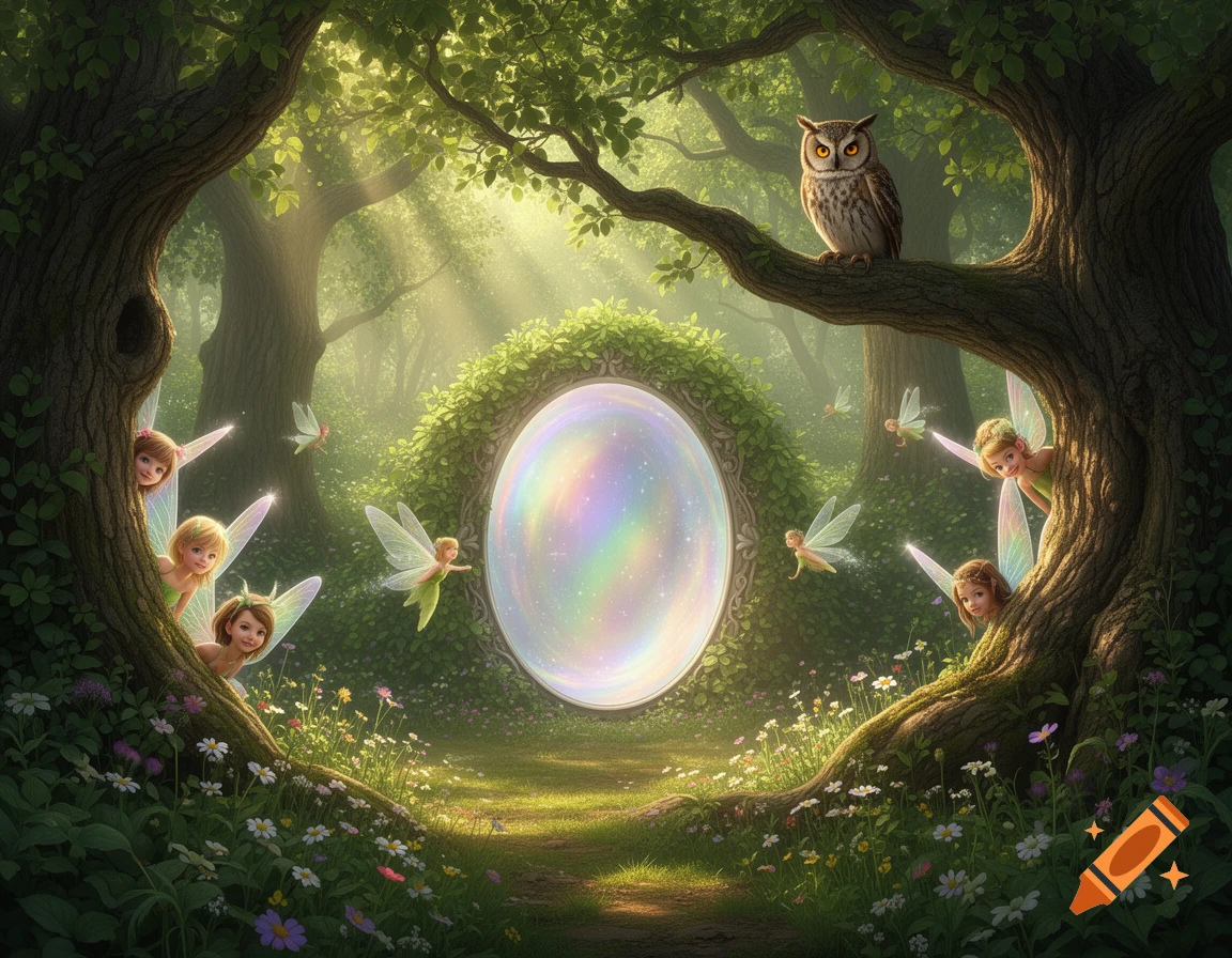 A vibrant fantasy forest with fairies peeking from trees, an owl on a branch, and a glowing oval portal in a clearing.